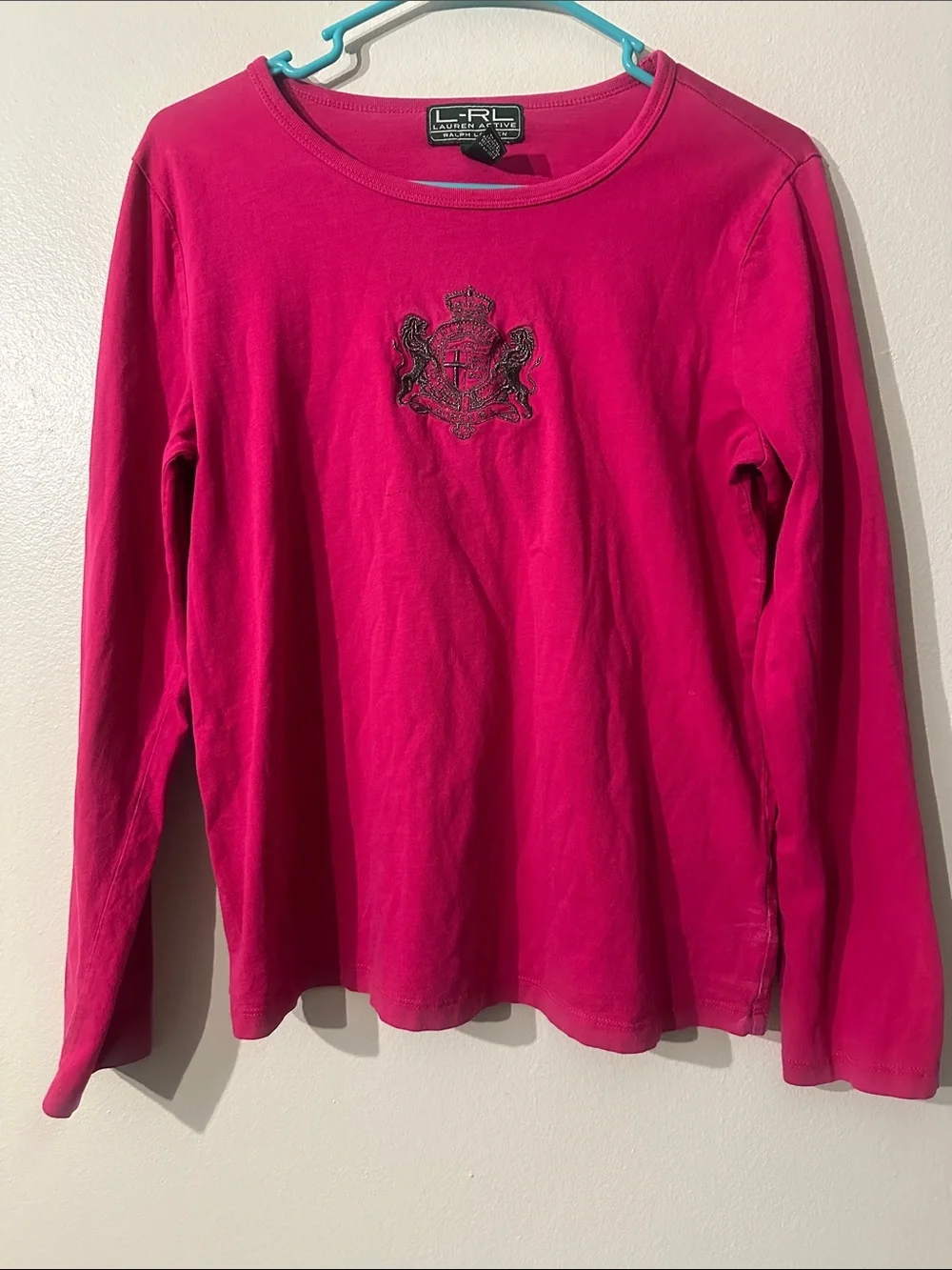 LRL Lauren Active Womens LS Top Pink W/embroidered Gold Crest Logo Cotton Sz L